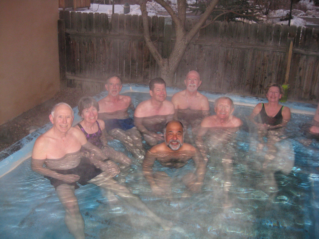 The "Goldilocks" hot tub at the thermal spa in Pagosa Springs: Ron & Jan Tucker, Barry Weston, Steve Jarvis, Ashok Sharma, Rob Swennes, Andre Lang, and Elisabeth Lejman