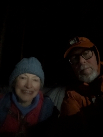 Althea and Ralph, night skiing on the Lake Trail