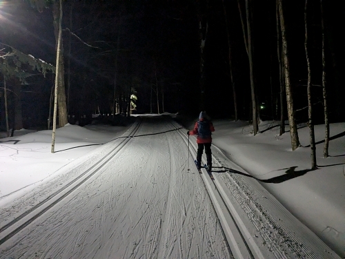 Althea night skiing on the Lake Trail