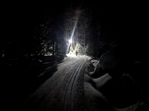 Althea night skiing on the Lake Trail